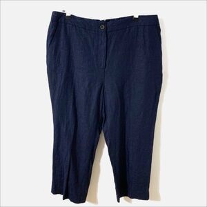 Talbots 100% Linen Navy Blue Cropped Pants Partial Elastic Waist Pockets Button